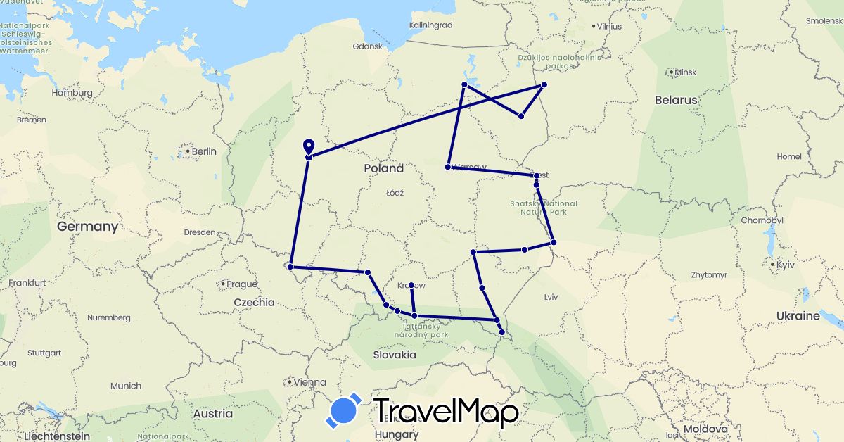 TravelMap itinerary: driving in Belarus, Poland (Europe)